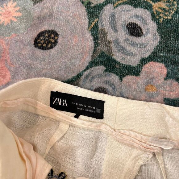 Zara Culottes Pants Womens XS Ivory Floral Linen Blend Embroidered Wide Leg - Picture 8 of 16